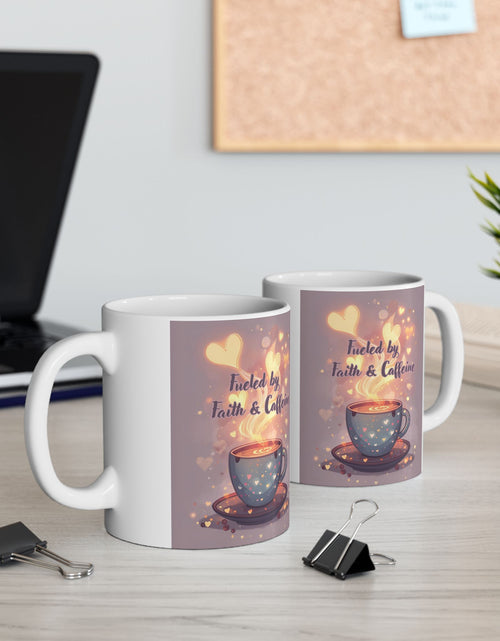 Load image into Gallery viewer, Faith And Coffee Fuels Me Ceramic Mug — Inspirational Heart Fairy Coffee Lovers Cup 11 oz &amp; 15 oz
