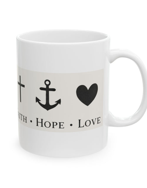 Load image into Gallery viewer, Faith Hope Love Ceramic Mug — Inspirational Cross &amp; Anchor Coffee Cup 11 oz &amp; 15 oz
