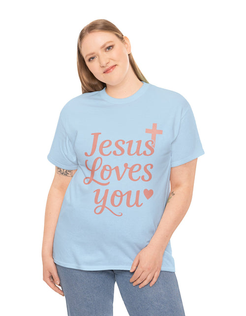 Load image into Gallery viewer, Jesus Loves You T-Shirt – Pink Script Faith Tee with Cross
