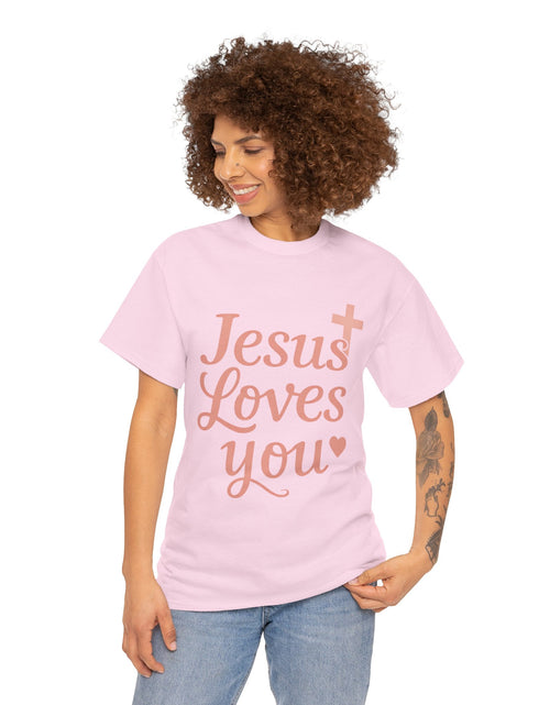Load image into Gallery viewer, Jesus Loves You T-Shirt – Pink Script Faith Tee with Cross
