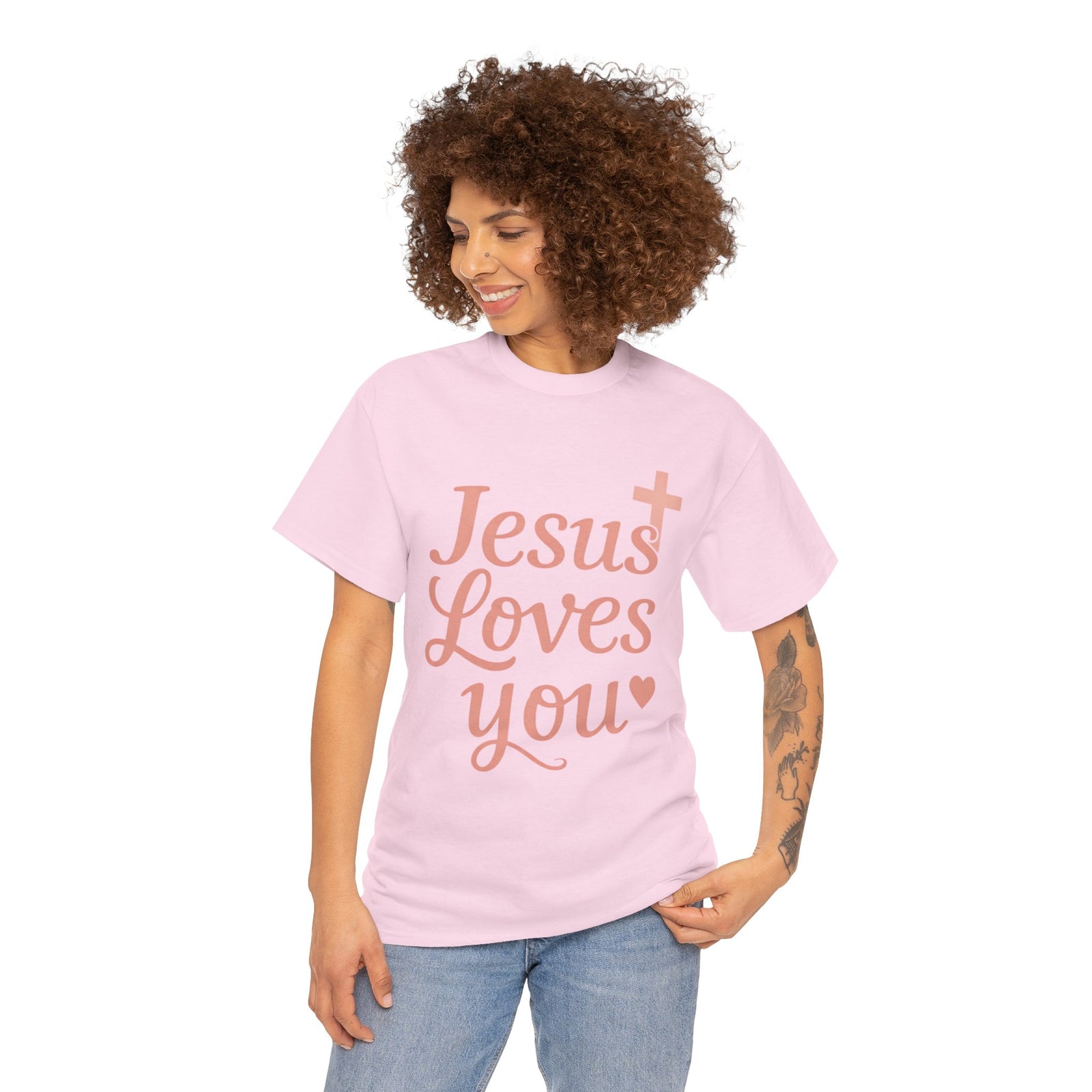 Jesus Loves You T-Shirt – Pink Script Faith Tee with Cross