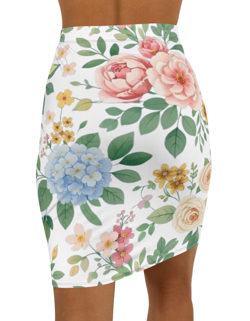 Load image into Gallery viewer, Floral Watercolor Pencil Skirt for Women | Soft Spring Garden Print Skirt | Feminine Pastel Outfit | Elegant Mid-Waist Skirt
