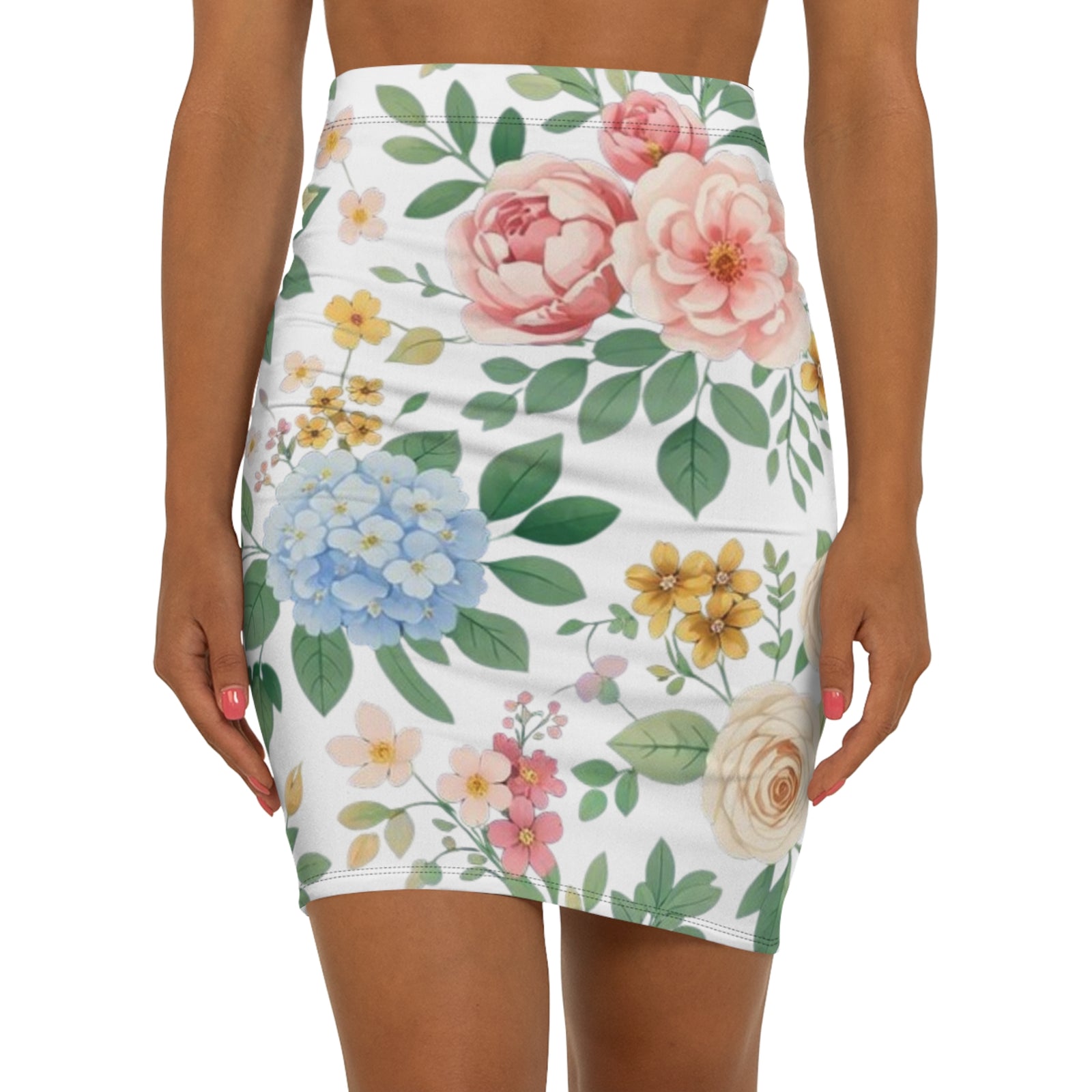 Floral Watercolor Pencil Skirt for Women | Soft Spring Garden Print Skirt | Feminine Pastel Outfit | Elegant Mid-Waist Skirt