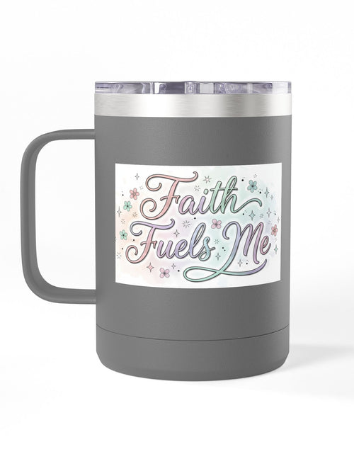 Load image into Gallery viewer, 15oz Insulated Coffee Tumbler Mug — "Faith Fuels Me" Pastel Star Design

