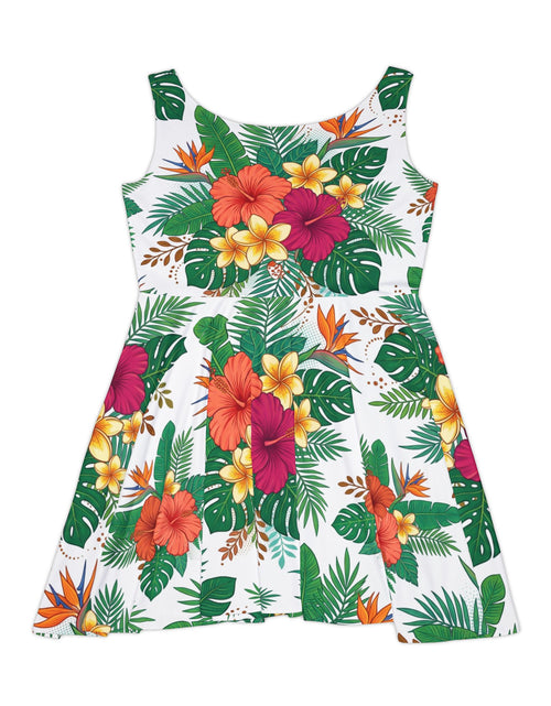 Load image into Gallery viewer, Tropical Floral Skater Dress, Women’s Summer Vacation Sundress, Hawaiian Beach Dress, Island Resort Outfit, Hawaii Style, Bright Hibiscus Floral Dress
