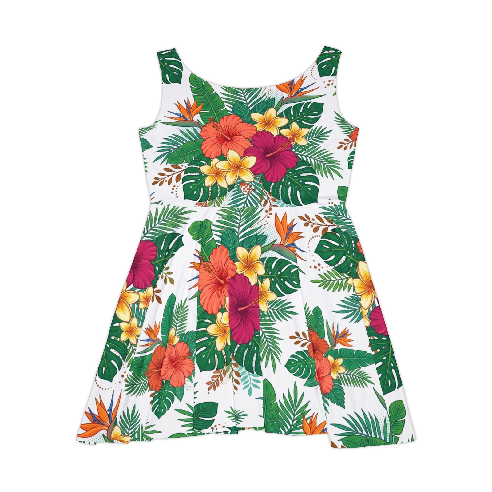 Tropical Floral Skater Dress, Women’s Summer Vacation Sundress, Hawaiian Beach Dress, Island Resort Outfit, Hawaii Style, Bright Hibiscus Floral Dress