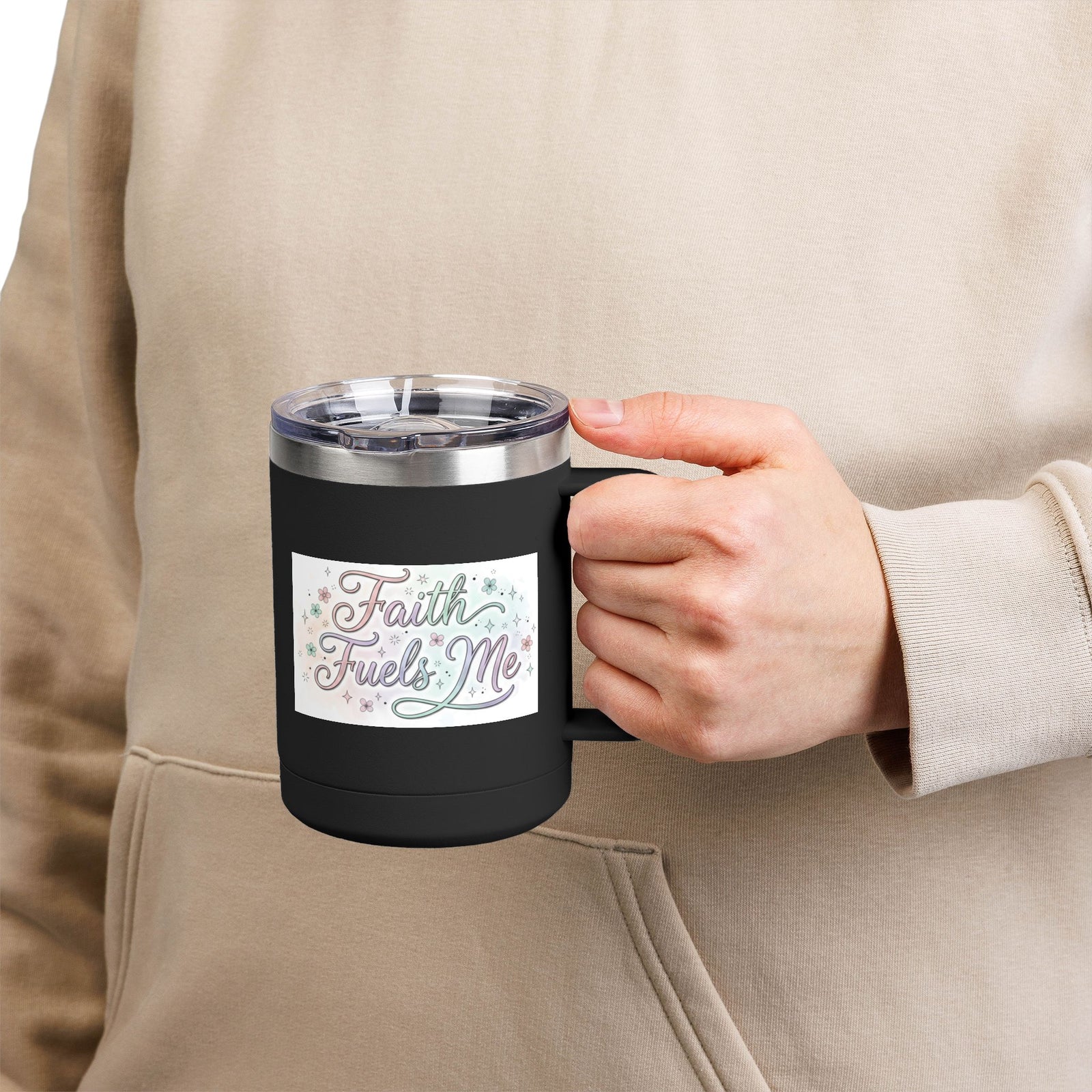 15oz Insulated Coffee Tumbler Mug — "Faith Fuels Me" Pastel Star Design
