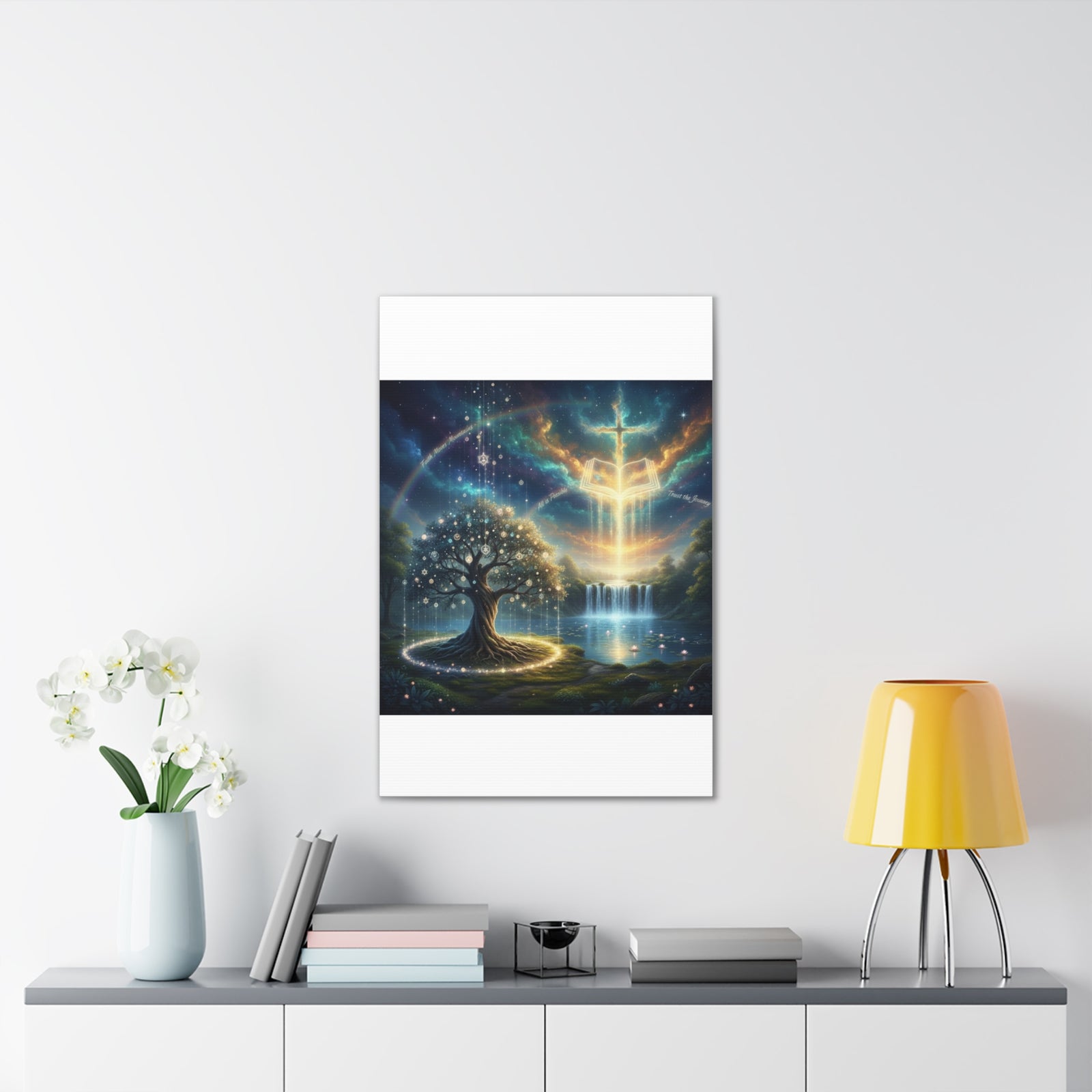 Spiritual Tree of Life Canvas Art — Mystical Cross & Waterfall Stretched Canvas - Home Decor