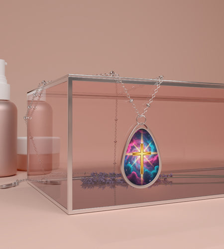 Christian Cross Necklace — Elegant Minimalist Jewelry Oval Pendant Cross Galaxy Necklace