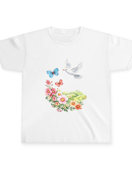 Load image into Gallery viewer, Youth Tee — Dove, Butterflies &amp; Floral Garden Kids T-Shirt
