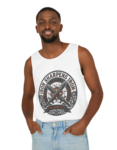 Load image into Gallery viewer, Men’s Iron Sharpens Iron Tank Top – Christian Gym Muscle Tee, Faith Strength Workout Shirt
