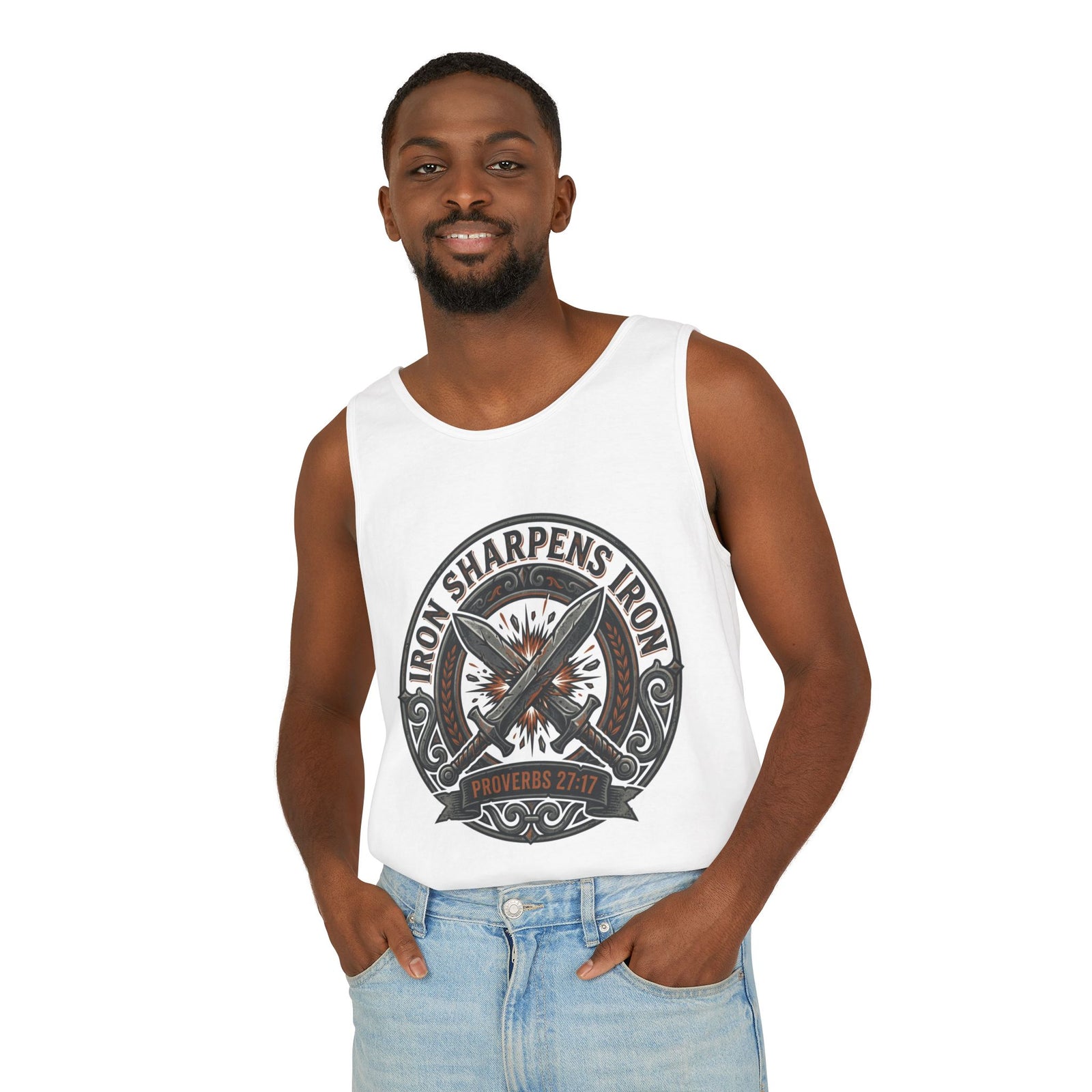 Men’s Iron Sharpens Iron Tank Top – Christian Gym Muscle Tee, Faith Strength Workout Shirt