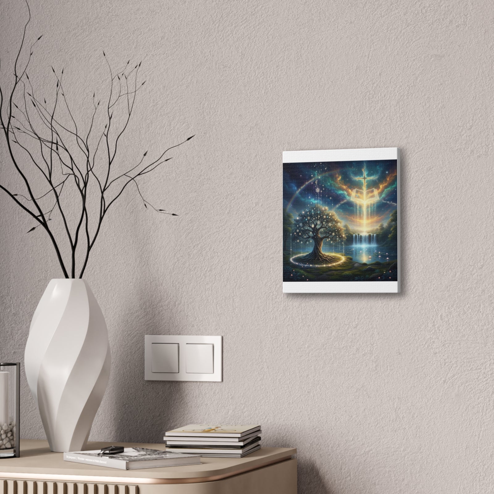 Spiritual Tree of Life Canvas Art — Mystical Cross & Waterfall Stretched Canvas - Home Decor