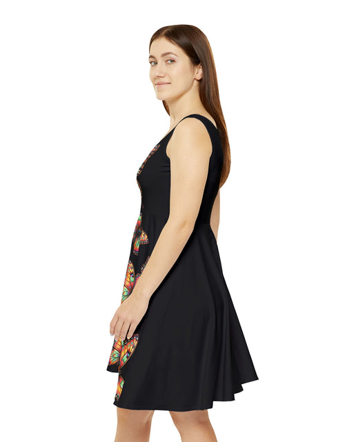 Load image into Gallery viewer, Monarch Butterfly Transformation Skater Dress, Women’s Bold Artistic Sundress, Colorful Statement Dress, Empowerment Outfit, Vibrant Butterfly Dress
