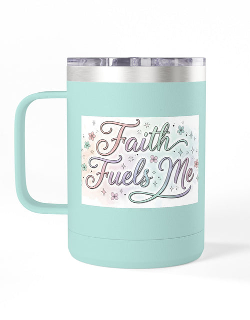 Load image into Gallery viewer, 15oz Insulated Coffee Tumbler Mug — "Faith Fuels Me" Pastel Star Design
