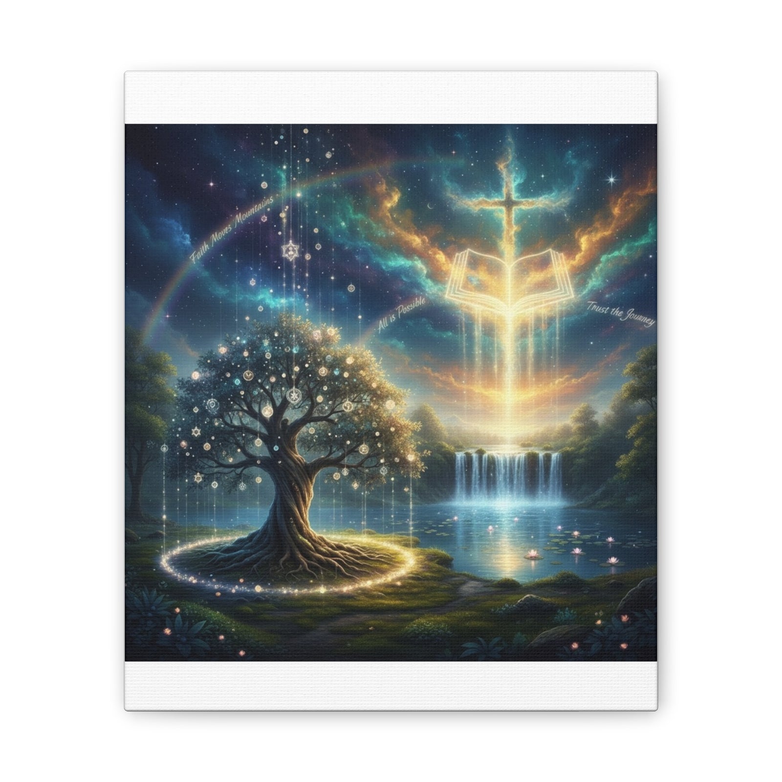 Spiritual Tree of Life Canvas Art — Mystical Cross & Waterfall Stretched Canvas - Home Decor
