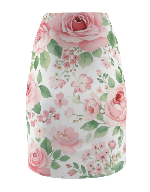 Load image into Gallery viewer, Pink Rose Floral Pencil Skirt for Women | Romantic Garden Skirt | Soft Watercolor Spring Outfit | Feminine Mid-Waist Skirt
