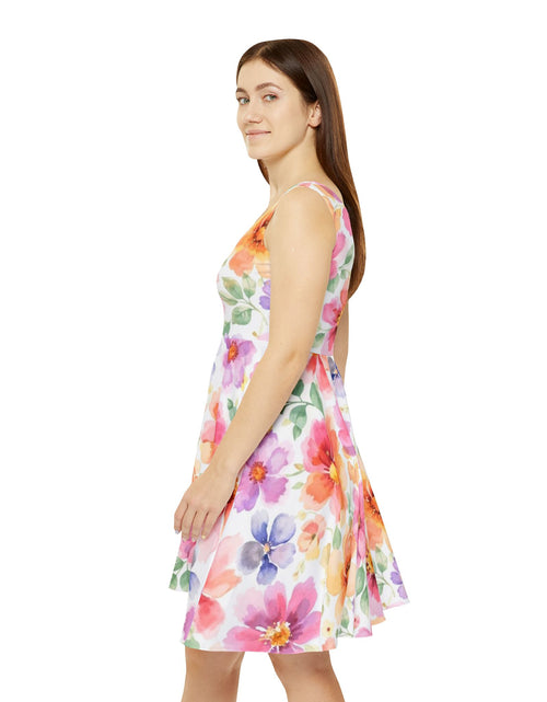 Load image into Gallery viewer, Floral Watercolor Skater Dress, Women’s Spring Summer Sundress, Pastel Flower Dress, Garden Party Outfit, Casual Boho Dress, Easter Dress Women
