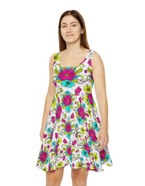 Load image into Gallery viewer, Vibrant Floral Skater Dress, Women’s Colorful Summer Sundress, Bold Boho Dress, Bright Garden Party Outfit, Statement Floral Dress
