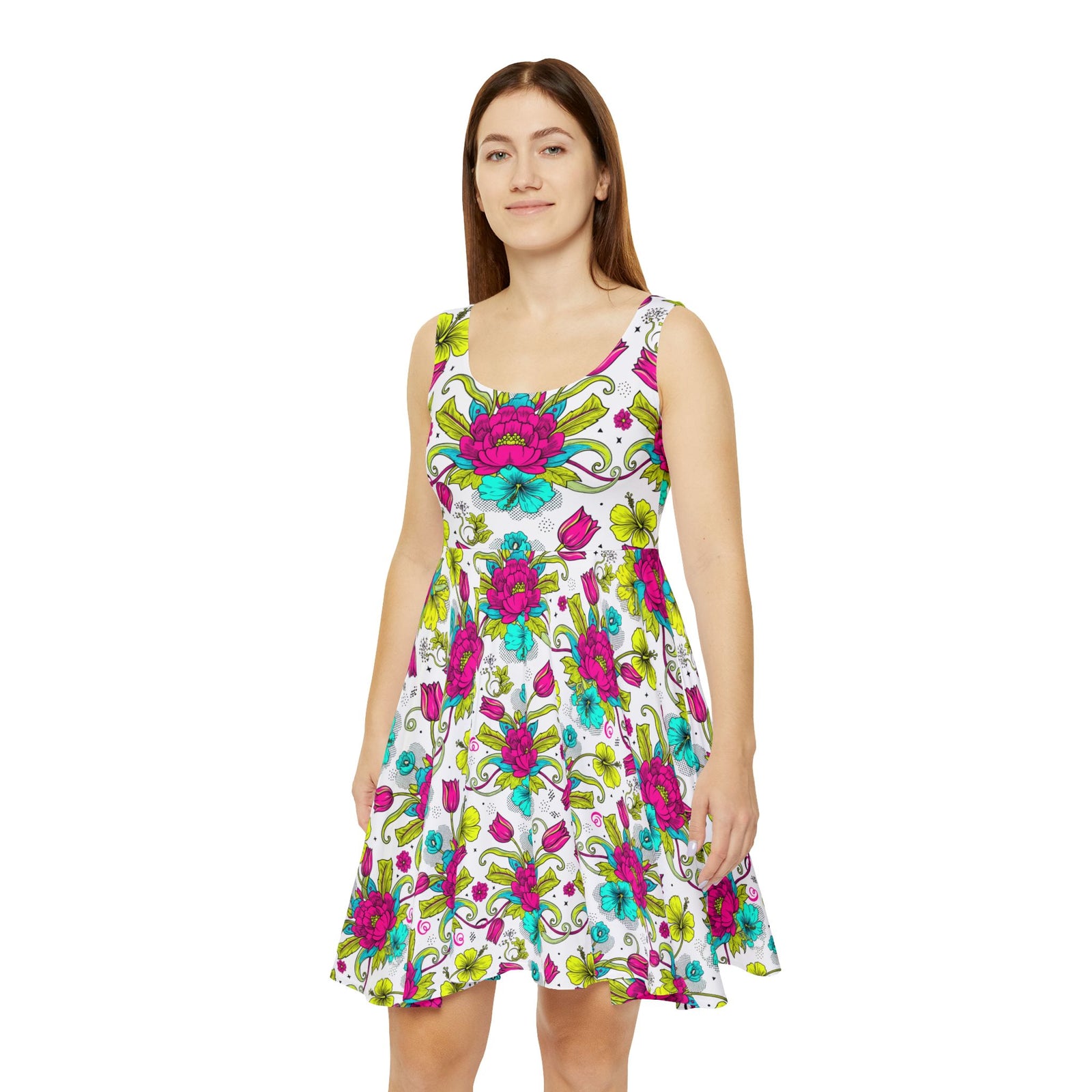 Vibrant Floral Skater Dress, Women’s Colorful Summer Sundress, Bold Boho Dress, Bright Garden Party Outfit, Statement Floral Dress