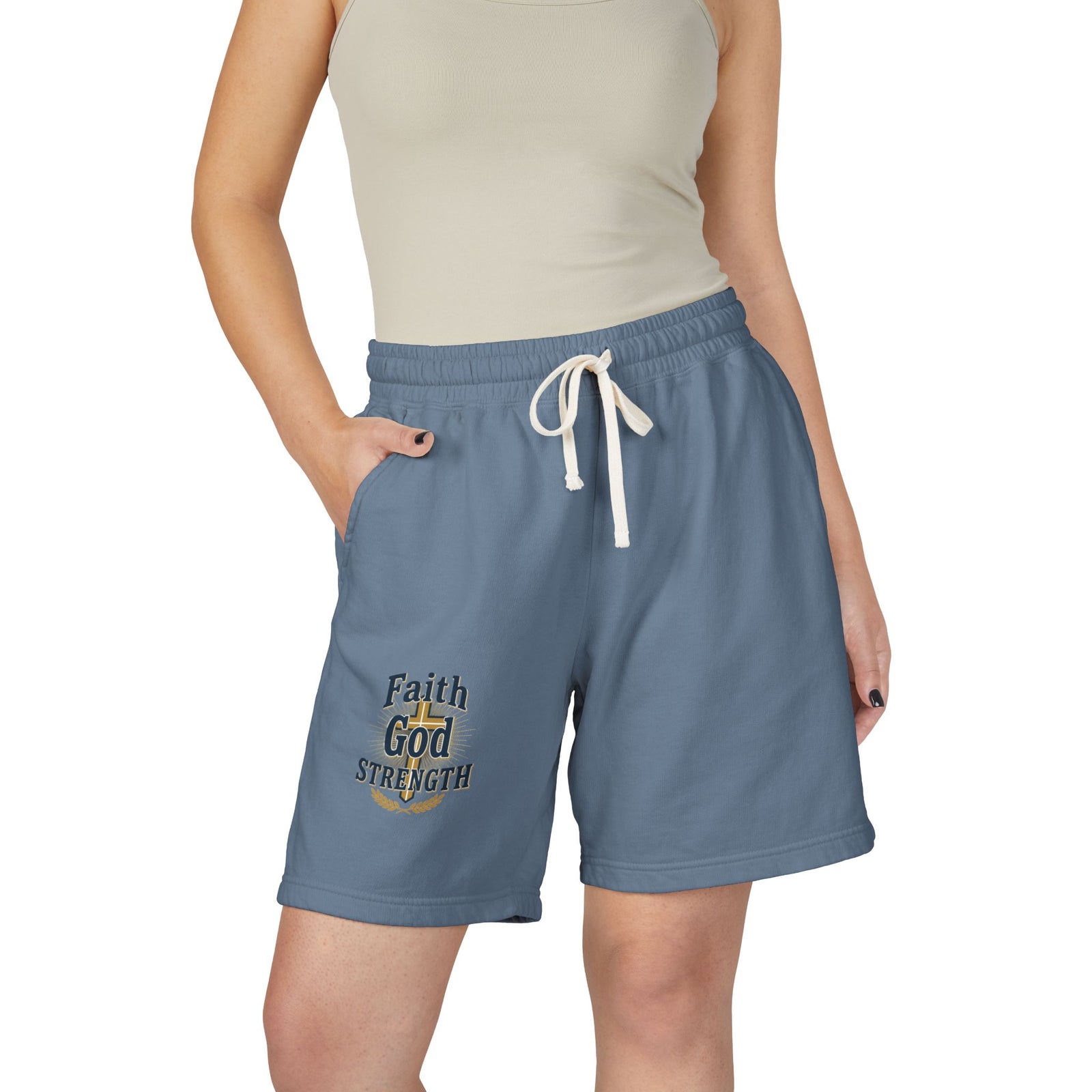 Faith God Strength Fleece Sweat Shorts — Lightweight Religious Lounge Shorts