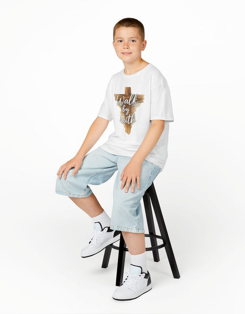 Load image into Gallery viewer, Kids Tee — 'Walk by Faith' Wooden Cross Christian Shirt
