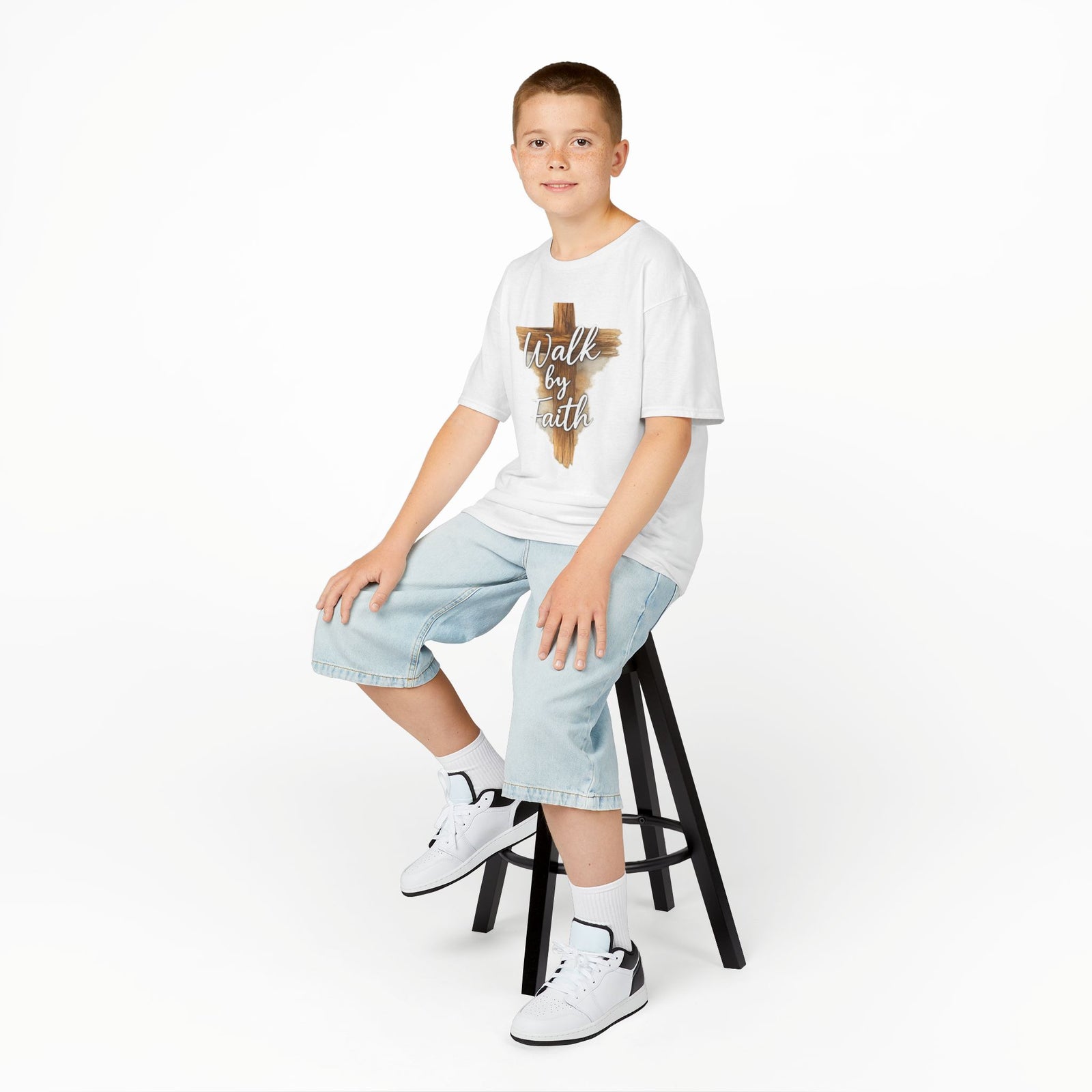 Kids Tee — 'Walk by Faith' Wooden Cross Christian Shirt