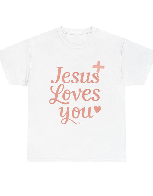 Load image into Gallery viewer, Jesus Loves You T-Shirt – Pink Script Faith Tee with Cross
