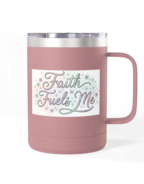 Load image into Gallery viewer, 15oz Insulated Coffee Tumbler Mug — "Faith Fuels Me" Pastel Star Design
