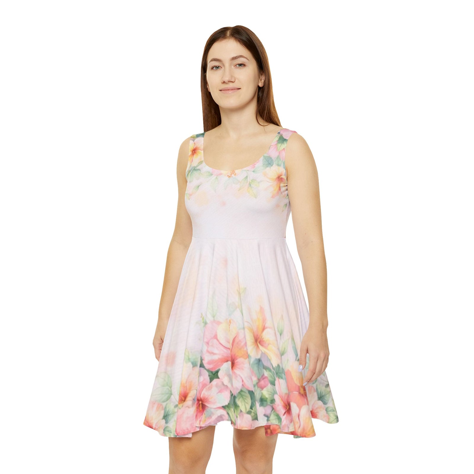 Pastel Floral Skater Dress, Women’s Soft Spring Summer Sundress, Romantic Garden Party Dress, Light Feminine Aesthetic Outfit, Elegant Casual Dress