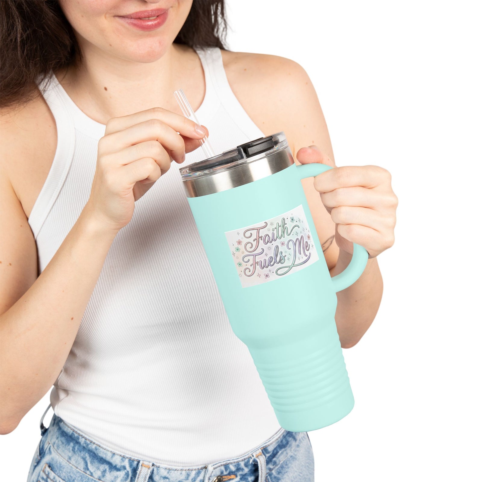 40oz Insulated Travel Mug — "Faith Fuels Me" Inspirational White Tumbler