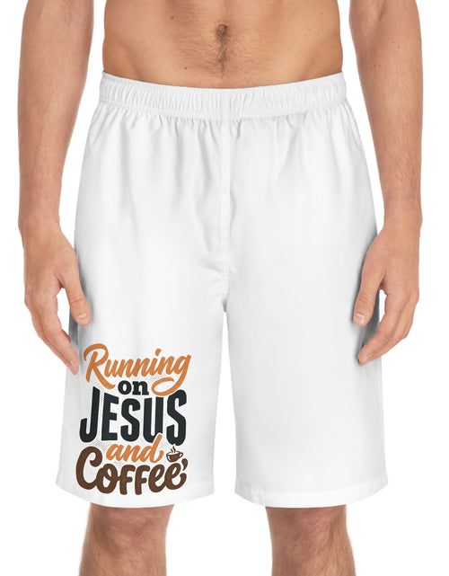 Load image into Gallery viewer, Men’s Christian Board Shorts – Running on Jesus and Coffee Swim Trunks, Faith Summer Beach Shorts
