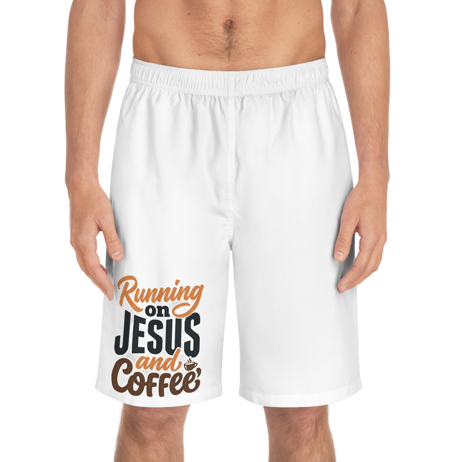 Men’s Christian Board Shorts – Running on Jesus and Coffee Swim Trunks, Faith Summer Beach Shorts