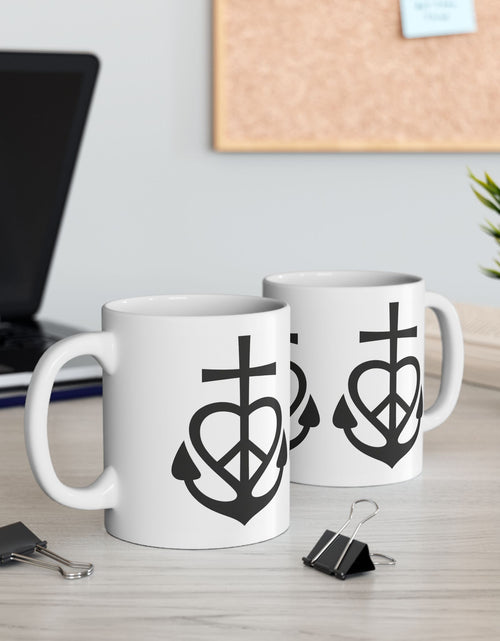Load image into Gallery viewer, Faith, Love &amp; Peace Ceramic Mug — Uplifting Christian Coffee Lover Cup 11  oz &amp; 15 oz
