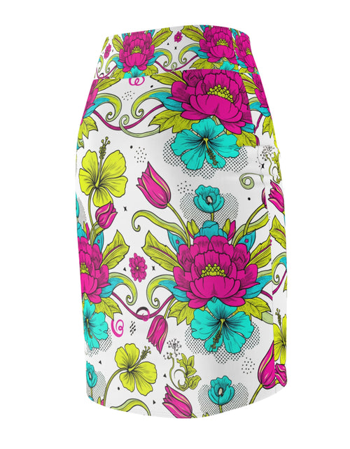Load image into Gallery viewer, Floral Pencil Skirt – Bright Pink &amp; Teal Garden Print Midi Skirt, Colorful Boho Chic Summer Outfit, Office to Party Wear
