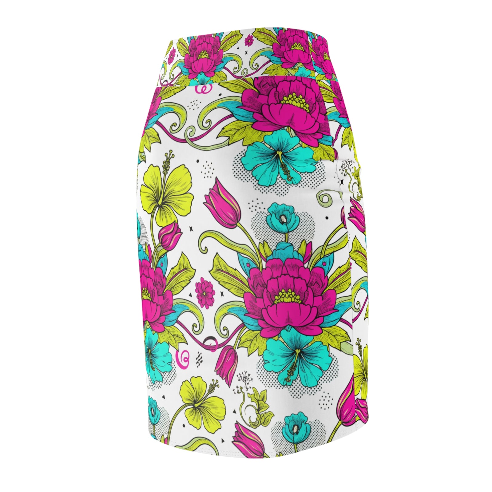 Floral Pencil Skirt – Bright Pink & Teal Garden Print Midi Skirt, Colorful Boho Chic Summer Outfit, Office to Party Wear