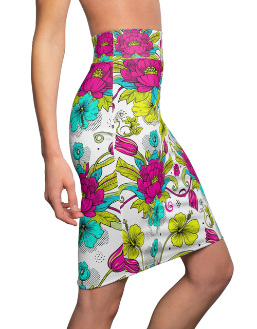 Load image into Gallery viewer, Floral Pencil Skirt – Bright Pink &amp; Teal Garden Print Midi Skirt, Colorful Boho Chic Summer Outfit, Office to Party Wear
