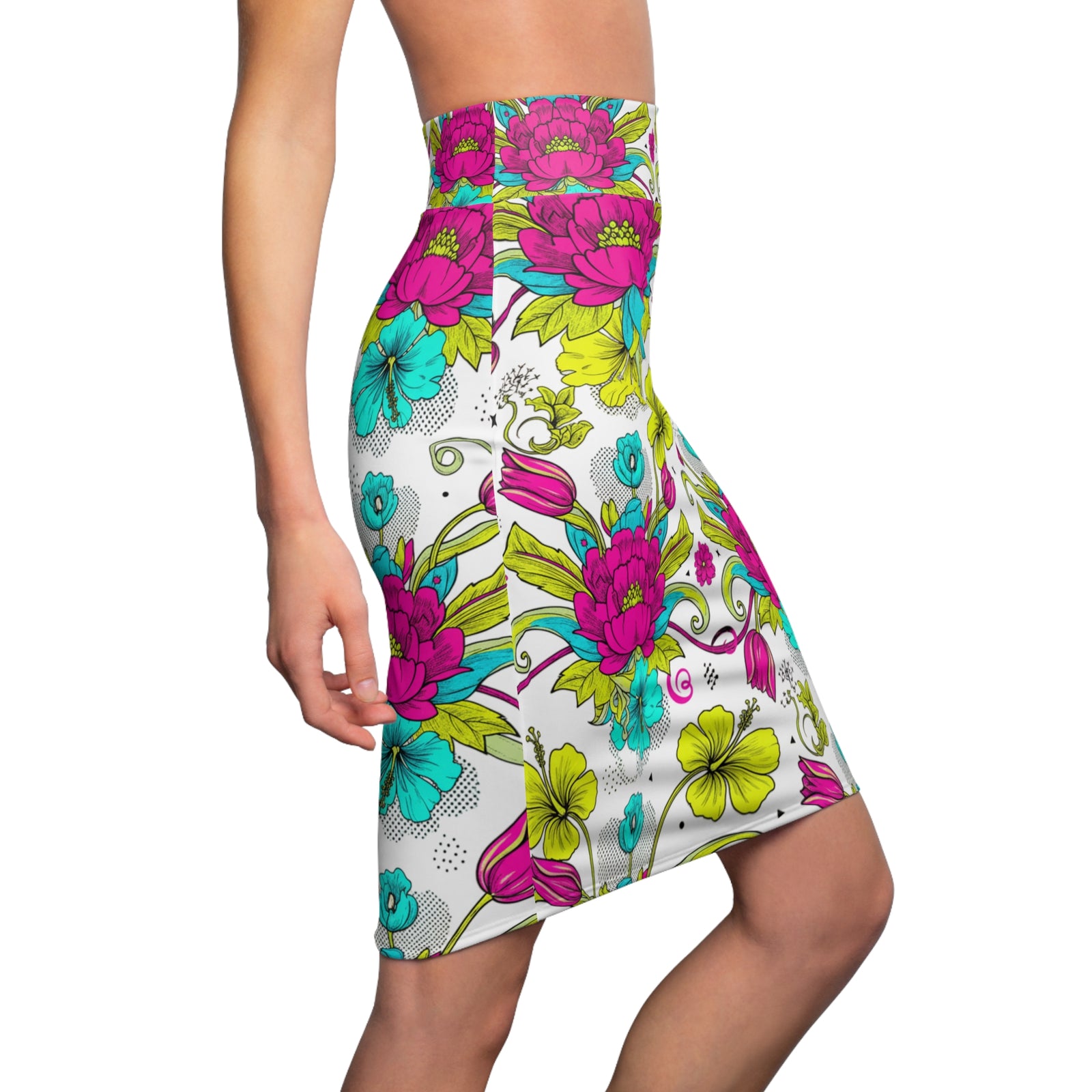 Floral Pencil Skirt – Bright Pink & Teal Garden Print Midi Skirt, Colorful Boho Chic Summer Outfit, Office to Party Wear