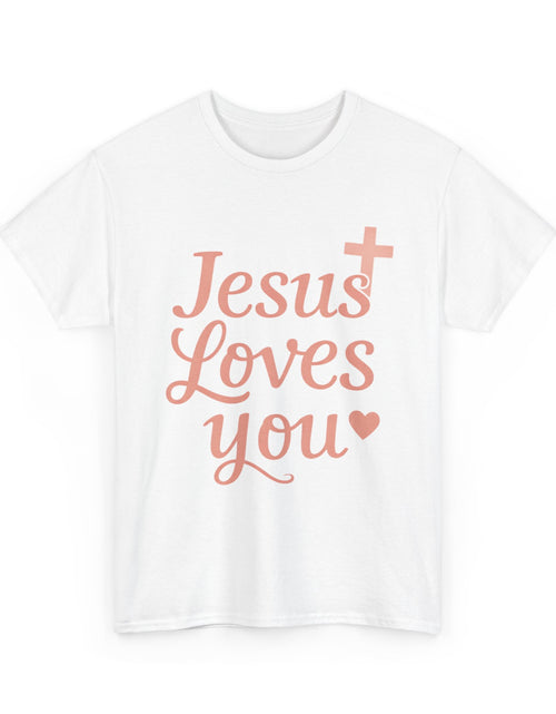 Load image into Gallery viewer, Jesus Loves You T-Shirt – Pink Script Faith Tee with Cross
