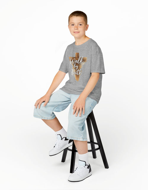 Load image into Gallery viewer, Kids Tee — 'Walk by Faith' Wooden Cross Christian Shirt
