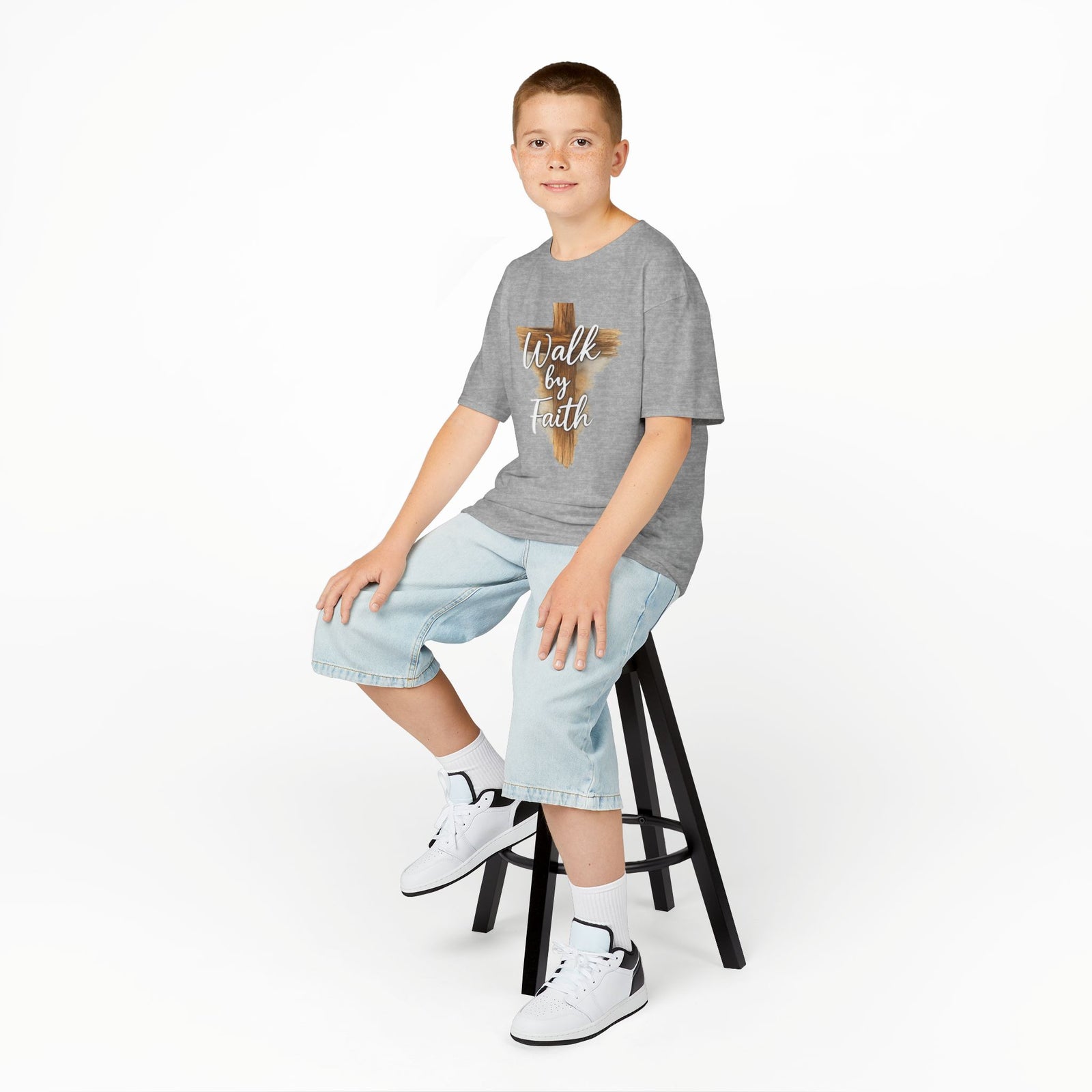 Kids Tee — 'Walk by Faith' Wooden Cross Christian Shirt