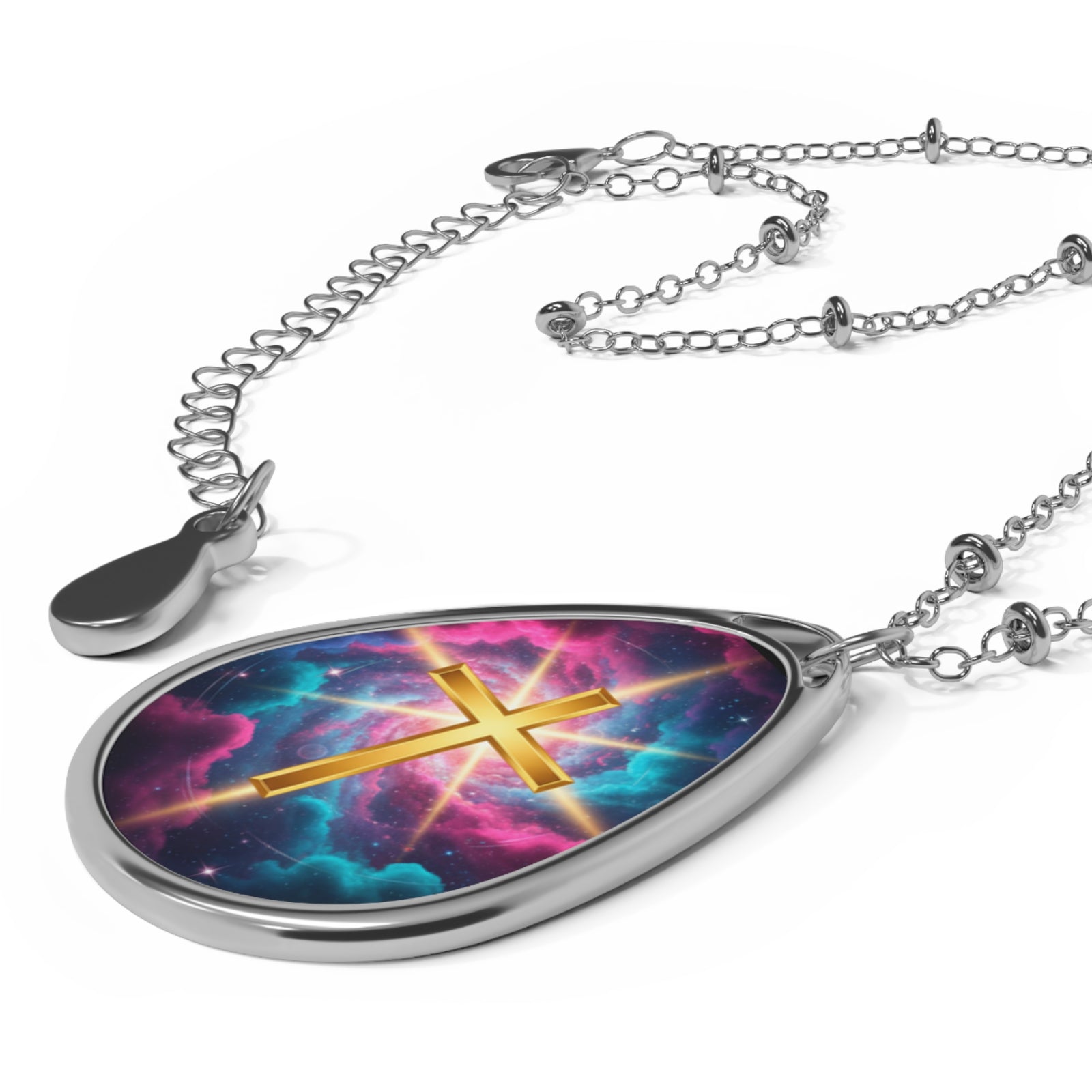 Christian Cross Necklace — Elegant Minimalist Jewelry Oval Pendant Cross Galaxy Necklace