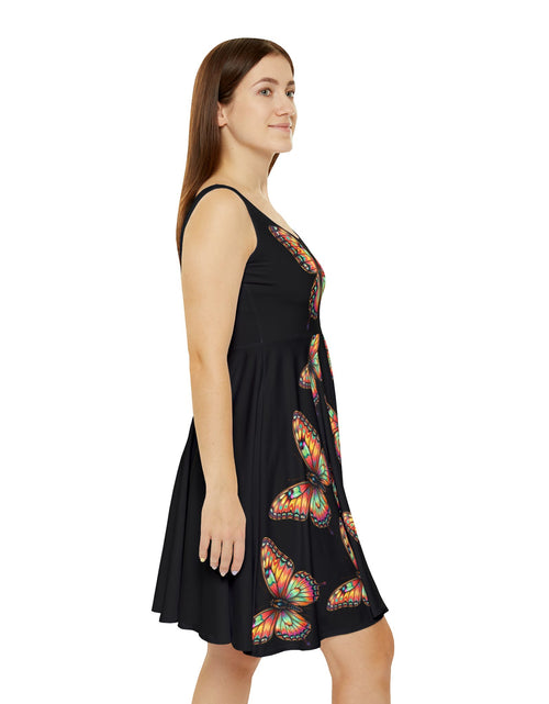 Load image into Gallery viewer, Monarch Butterfly Transformation Skater Dress, Women’s Bold Artistic Sundress, Colorful Statement Dress, Empowerment Outfit, Vibrant Butterfly Dress
