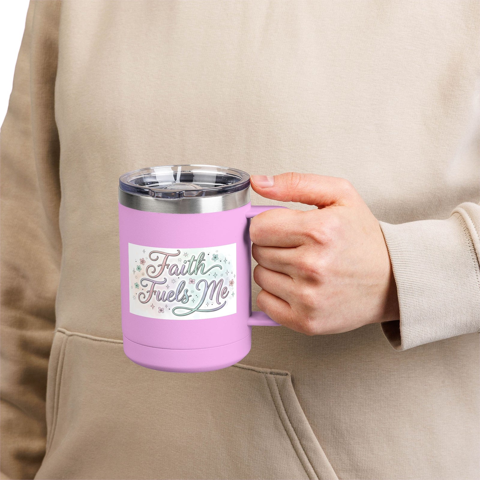 15oz Insulated Coffee Tumbler Mug — "Faith Fuels Me" Pastel Star Design