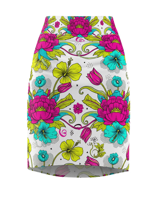 Load image into Gallery viewer, Floral Pencil Skirt – Bright Pink &amp; Teal Garden Print Midi Skirt, Colorful Boho Chic Summer Outfit, Office to Party Wear
