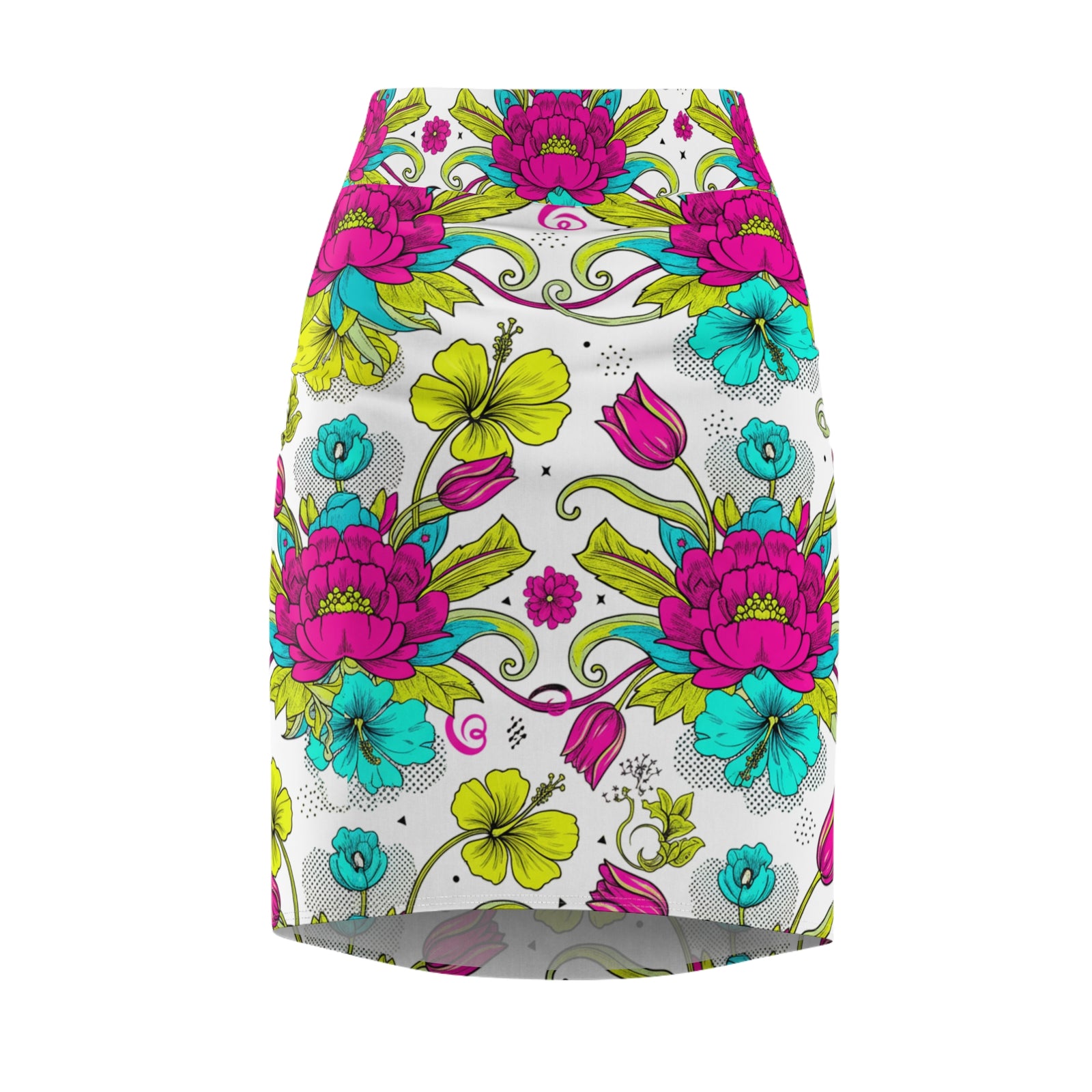 Floral Pencil Skirt – Bright Pink & Teal Garden Print Midi Skirt, Colorful Boho Chic Summer Outfit, Office to Party Wear