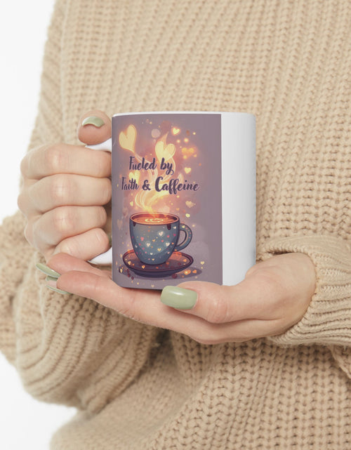 Load image into Gallery viewer, Faith And Coffee Fuels Me Ceramic Mug — Inspirational Heart Fairy Coffee Lovers Cup 11 oz &amp; 15 oz
