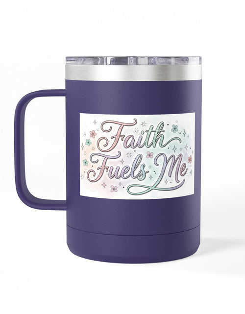 Load image into Gallery viewer, 15oz Insulated Coffee Tumbler Mug — "Faith Fuels Me" Pastel Star Design

