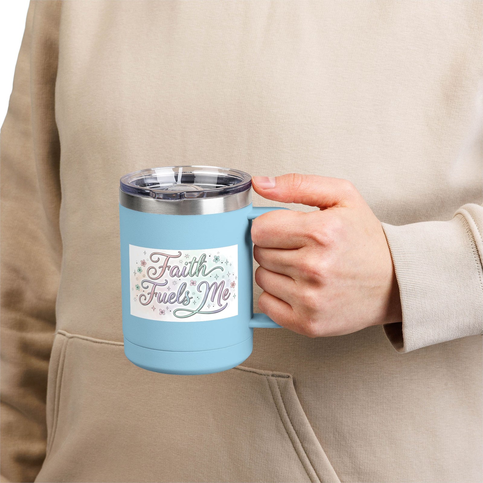 15oz Insulated Coffee Tumbler Mug — "Faith Fuels Me" Pastel Star Design