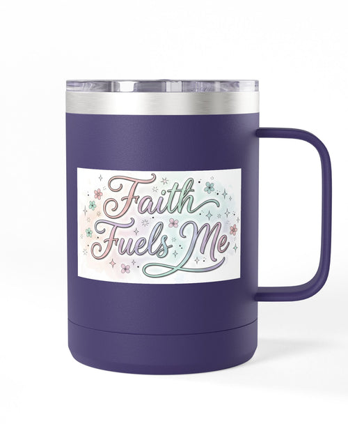 Load image into Gallery viewer, 15oz Insulated Coffee Tumbler Mug — "Faith Fuels Me" Pastel Star Design
